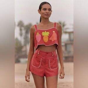 FARM RIO ANTHROPOLIGIE Red Crop Top and Shorts Set Embroidered